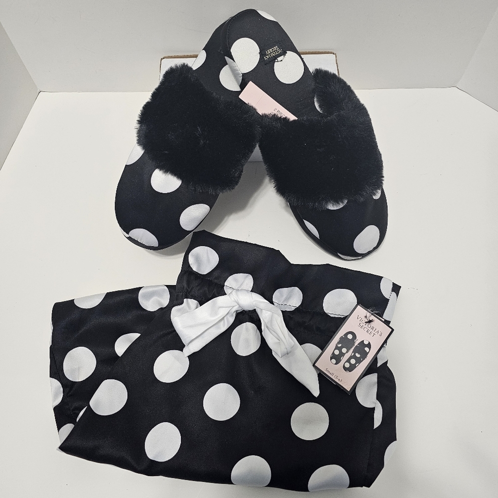 Victoria's Secret Black And White Polka Dot Slippers Sz S - Picture 2 of 6